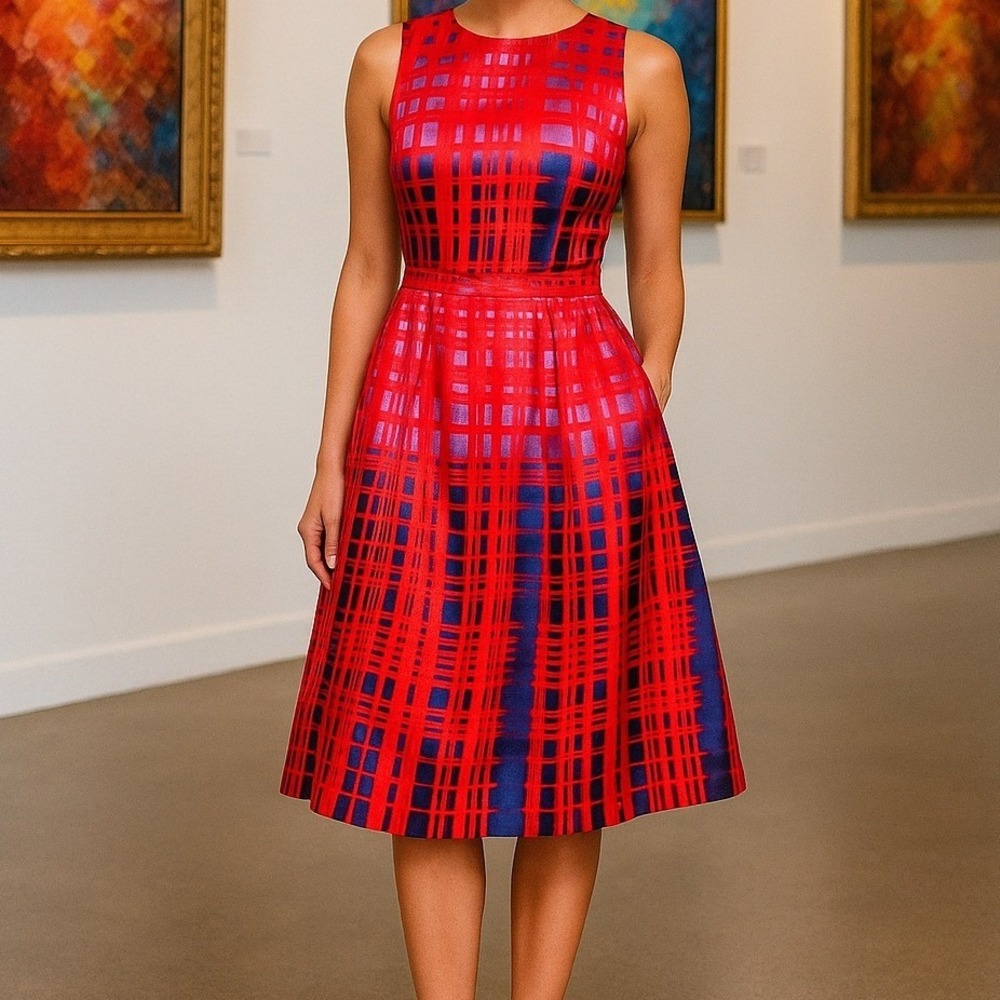 Eva Mendes NYC Callista Red Blue Plaid Fit & Flare Cutout Dress Petite 4 NWT